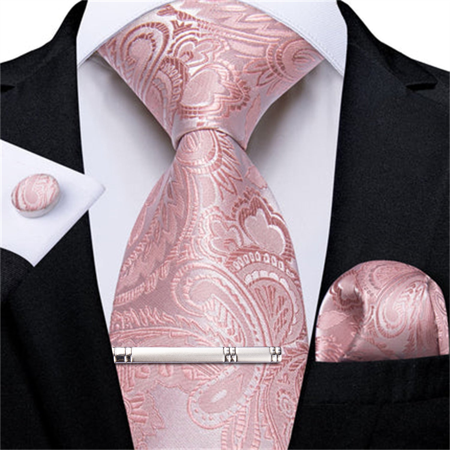 DiBanGu Silk Necktie Rose Pink Paisley Mens Dress Tie Pocket Square Cufflinks Clip Set