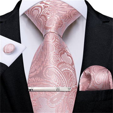 DiBanGu Silk Necktie Rose Pink Paisley Mens Dress Tie Pocket Square Cufflinks Clip Set