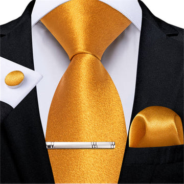 DiBanGu Silk Tie Shining Gold Yellow Solid Mens Tuxedo Work Dresses Tie Pocket Square Cufflinks Clip Set