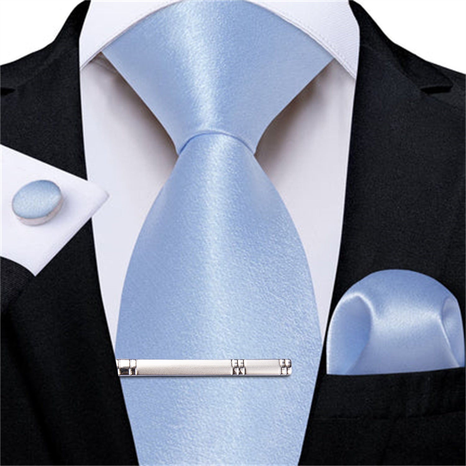 DiBanGu Silk Tie Arctic Blue Solid Mens Tuxedo Work Dresses Tie Pocket Square Cufflinks Clip Set