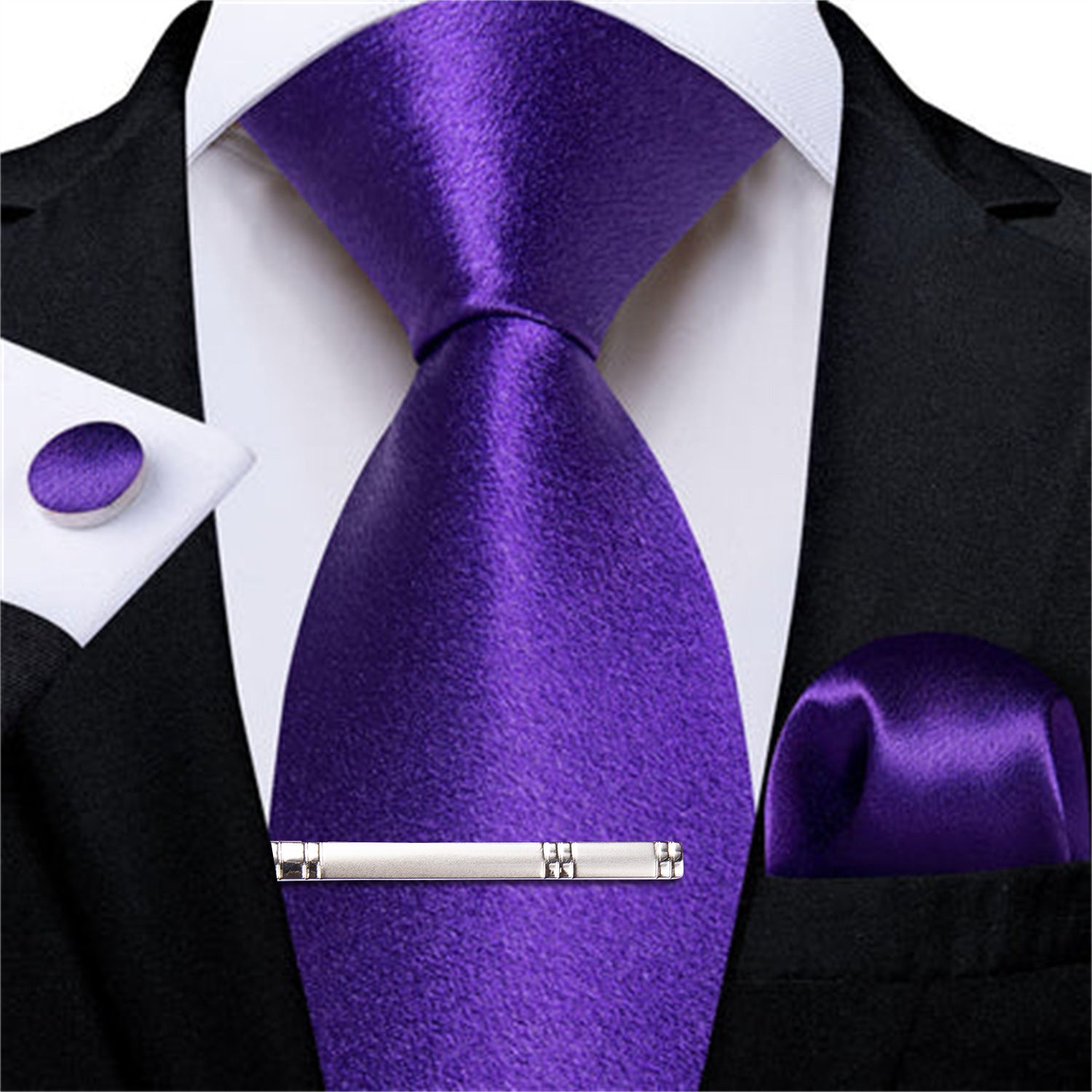 DiBanGu Silk Tie Shining Deep Purple Solid Mens Tuxedo Work Dresses Tie Pocket Square Cufflinks Clip Set