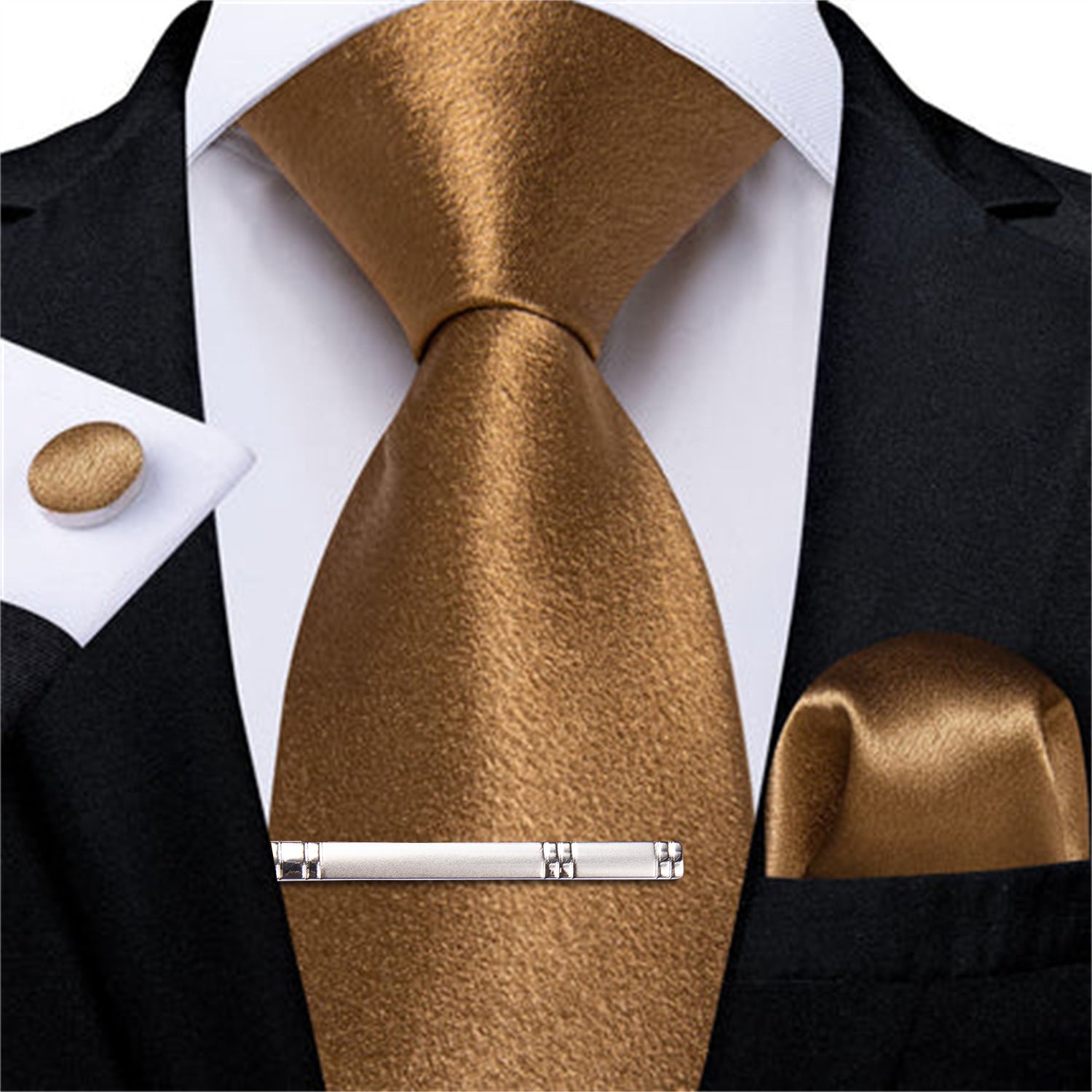 DiBanGu Silk Tie Shining Tortilla Brown Solid Mens Formal Work Dresses Tie Handkerchief Cufflinks Clip Set