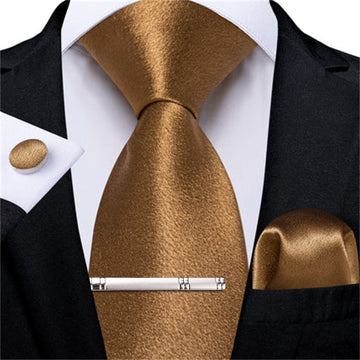 DiBanGu Silk Tie Shining Tortilla Brown Solid Mens Formal Work Dresses Tie Handkerchief Cufflinks Clip Set