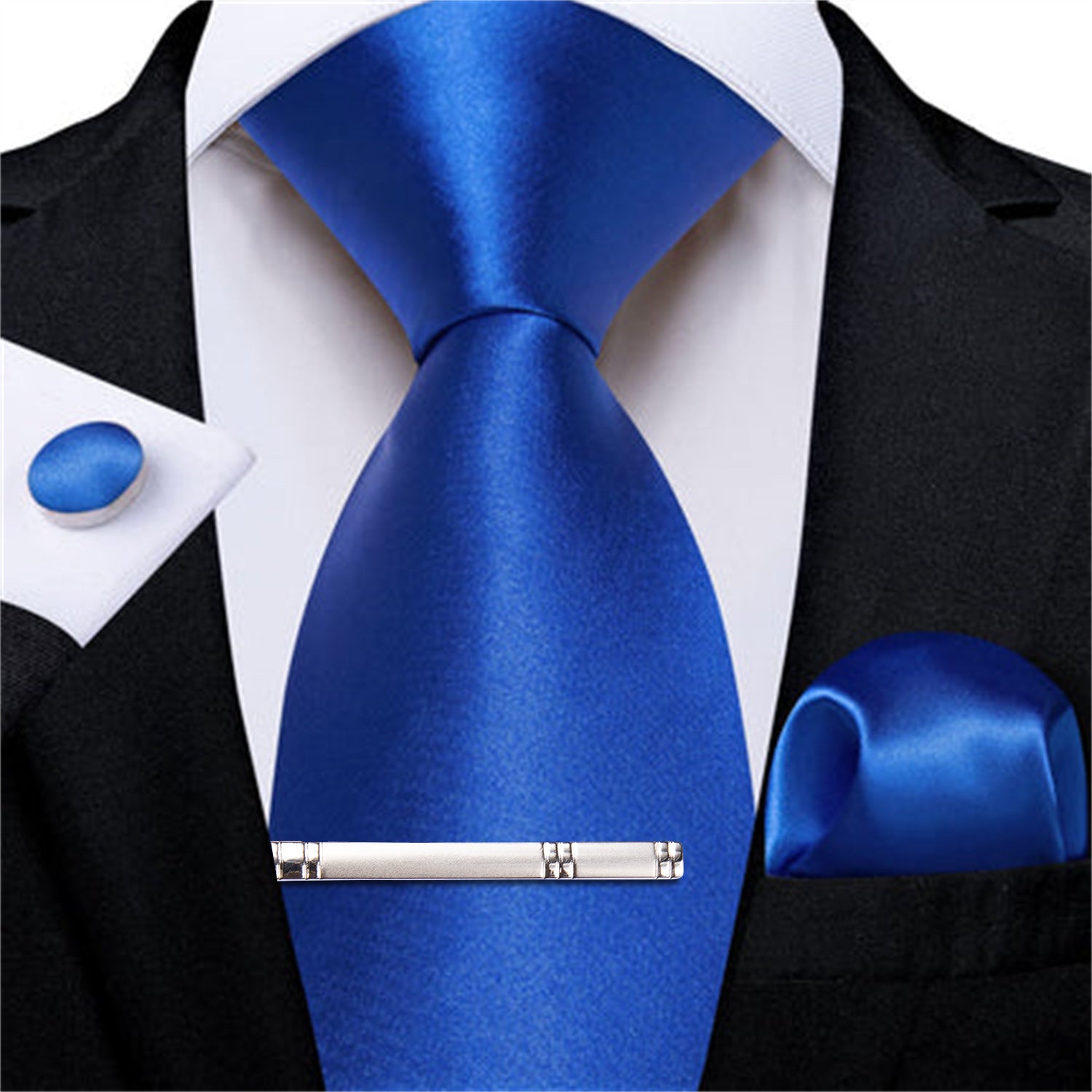 DiBanGu Silk Tie Shining Navy Blue Solid Mens Formal Dress Tie Handkerchief Cufflinks Clip Set