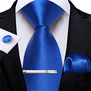 DiBanGu Silk Tie Shining Navy Blue Solid Mens Formal Dress Tie Handkerchief Cufflinks Clip Set