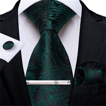 DiBanGu Dress Tie Medium Jungle Green Paisley Mens Work Silk Tie Pocket Square Cufflinks Clip Set