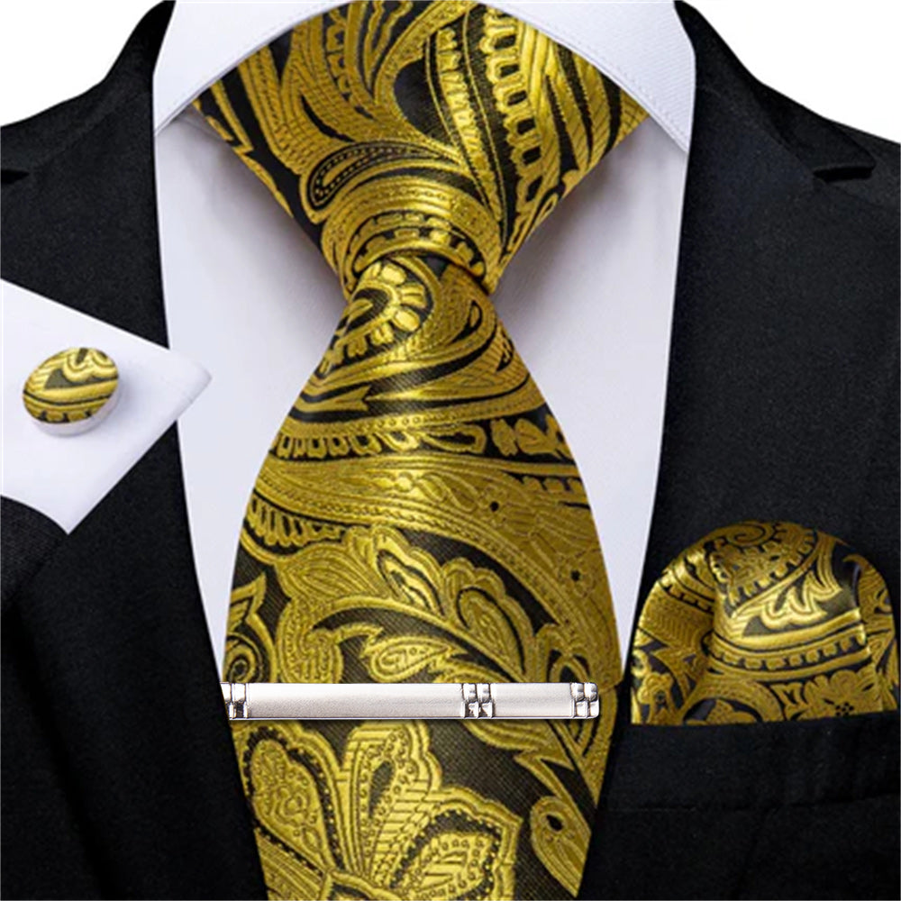 DiBanGu Copper Gold Paisley Silk Mens Tie Pocket Square Cufflinks Clip Set