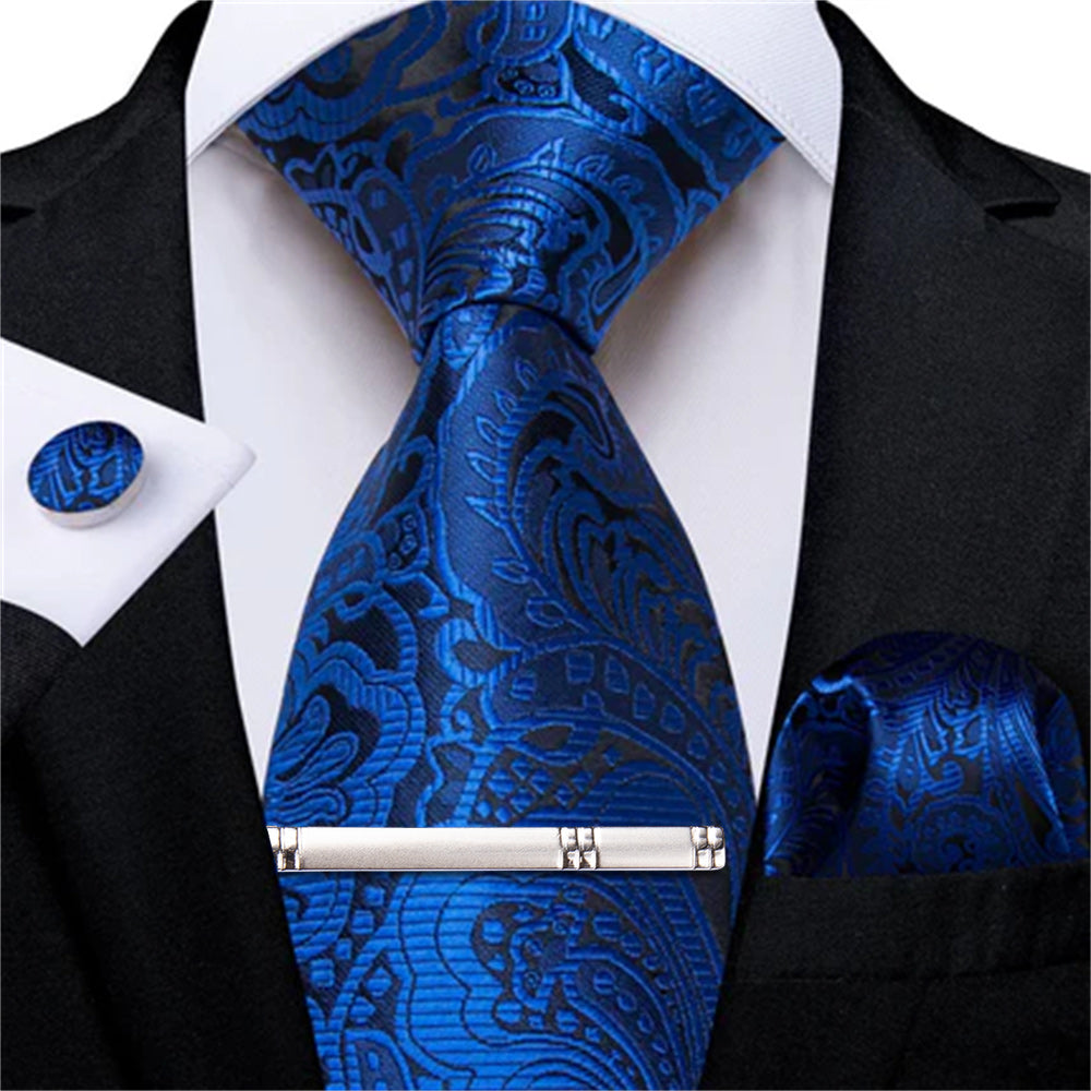 DiBanGu Dress Tie Sapphire Blue Floral Mens Silk Business Work Tie Handkerchief Cufflinks Clip Set