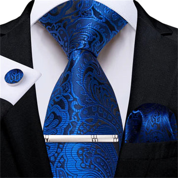 DiBanGu Dress Tie Sapphire Blue Floral Mens Silk Business Work Tie Handkerchief Cufflinks Clip Set