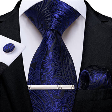 DiBanGu Dress Tie Midnight Blue Floral Mens Silk Business Work Tie Handkerchief Cufflinks Clip Set