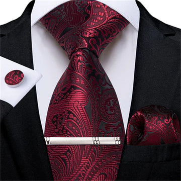 DiBanGu Dress Tie Dark Red Floral Mens Silk Business Work Tie Handkerchief Cufflinks Clip Set