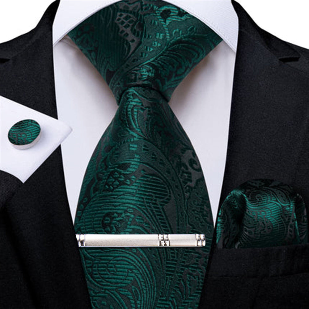 DiBanGu Dress Tie Medium Jungle Green Floral Mens Silk Business Work Tie Handkerchief Cufflinks Clip Set