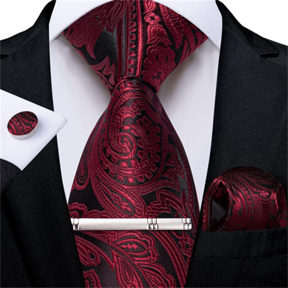 DiBanGu Dress Tie Burgundy Paisley Mens Silk Wedding Tie Pocket Square Cufflinks Clip Set
