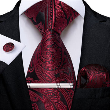 DiBanGu Dress Tie Burgundy Paisley Mens Silk Wedding Tie Pocket Square Cufflinks Clip Set