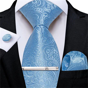 DiBanGu Celestial Blue Paisley Silk Mens Tie Pocket Square Cufflinks Clip Set