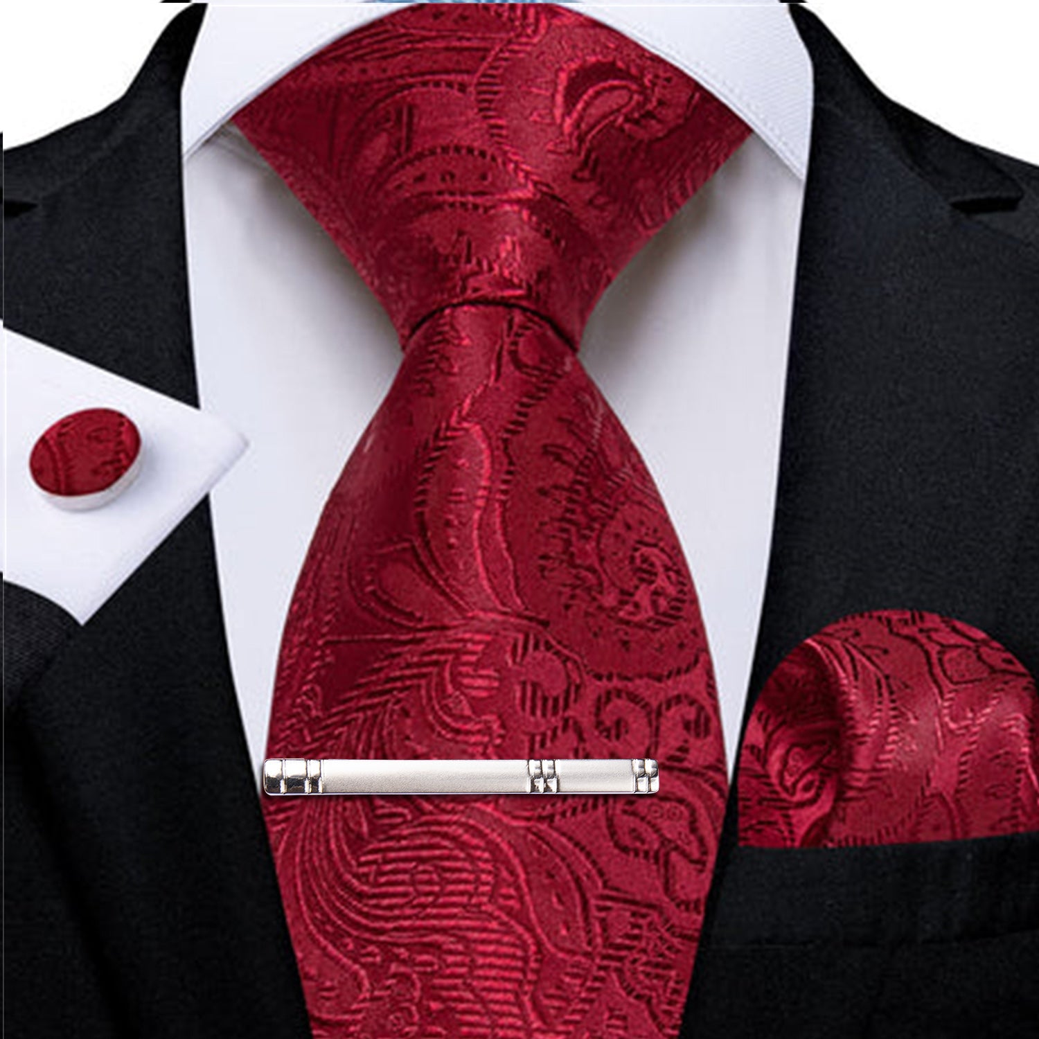 DiBanGu Burgundy Paisley Silk Mens Tie Pocket Square Cufflinks Clip Set