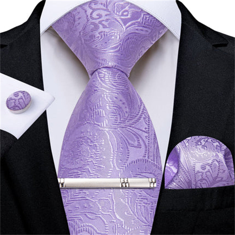 DiBanGu Light Pastel Purple Paisley Silk Mens Tie Pocket Square Cufflinks Clip Set