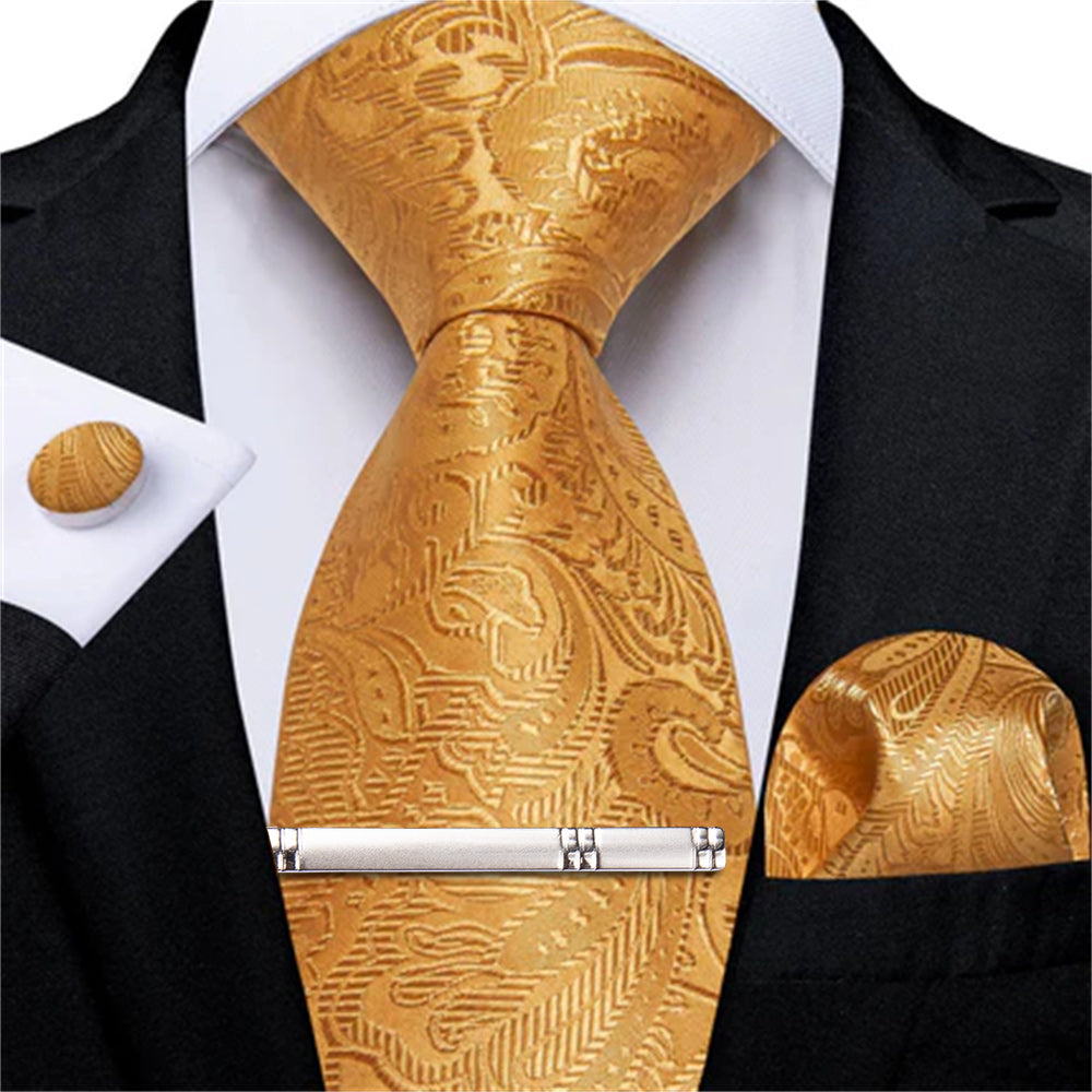 DiBanGu Gold Paisley Silk Mens Tie Pocket Square Cufflinks Clip Set