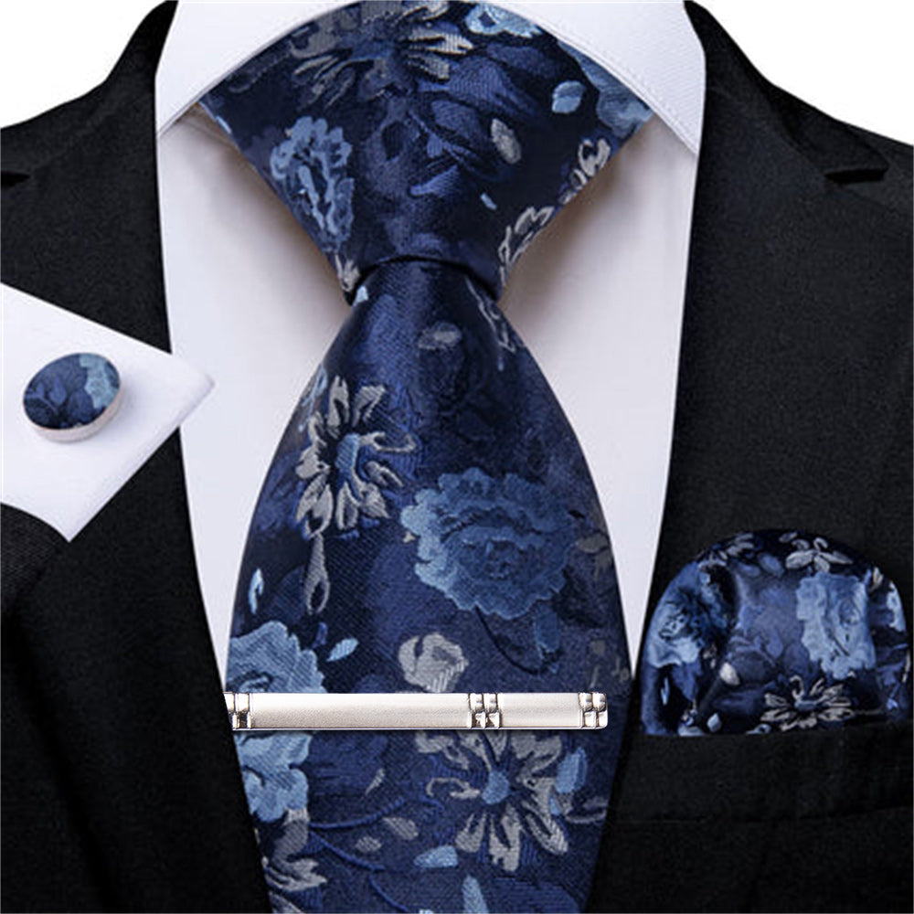 DiBanGu Dark Midnight Blue Floral Silk Mens Tie Hanky Cufflinks Clip Set