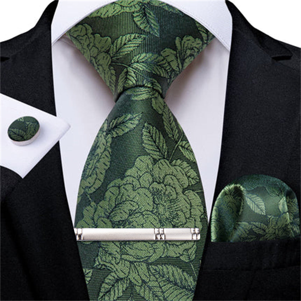 DiBanGu Olive Green Floral Silk Mens Tie Hanky Cufflinks Clip Set