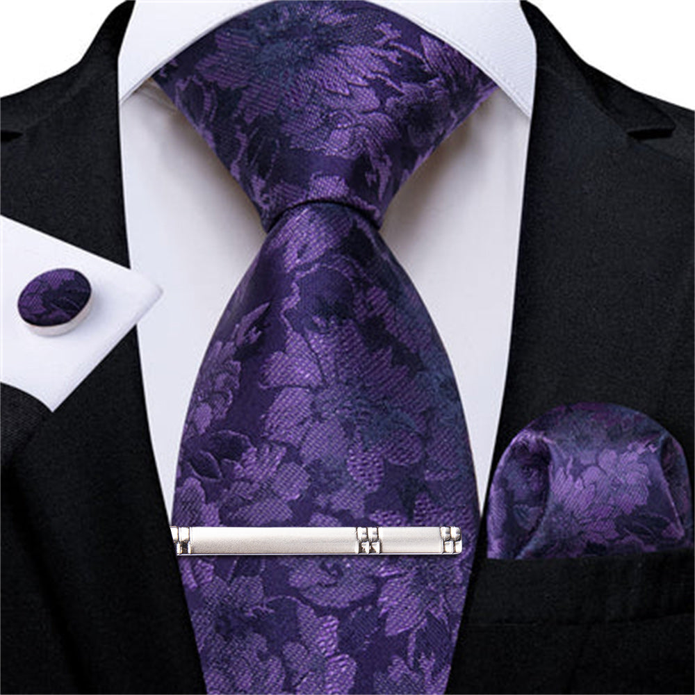 DiBanGu Deep Purple Floral Silk Mens Tie Hanky Cufflinks Clip Set