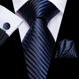 Blue Black Striped Tie Pocket Square Cufflinks Set