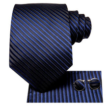 Blue Black Striped Tie Pocket Square Cufflinks Set
