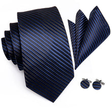 Blue Black Striped Tie Pocket Square Cufflinks Set
