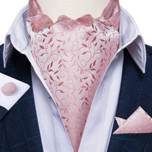 Pink Floral Silk Cravat Woven Ascot Tie Pocket Square Handkerchief Suit Set