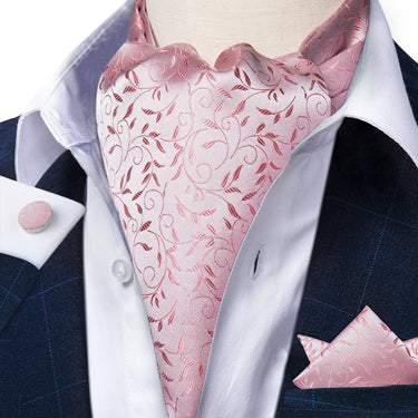 Pink Floral Silk Cravat Woven Ascot Tie Pocket Square Handkerchief Suit Set