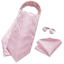 Pink Floral Silk Cravat Woven Ascot Tie Pocket Square Handkerchief Suit Set