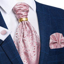 Pink Floral Silk Cravat Woven Ascot Tie Pocket Square Cufflinks With Tie Ring Set