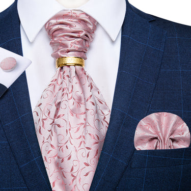 Pink Floral Silk Cravat Woven Ascot Tie Pocket Square Cufflinks With Tie Ring Set