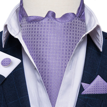 Purple Plaid Silk Cravat Woven Ascot Tie Pocket Square Handkerchief Suit Set