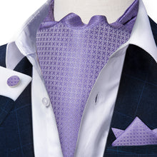 Purple Plaid Silk Cravat Woven Ascot Tie Pocket Square Handkerchief Suit Set