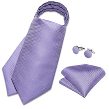 Purple Plaid Silk Cravat Woven Ascot Tie Pocket Square Handkerchief Suit Set