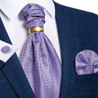 Purple Plaid Silk Cravat Woven Ascot Tie Pocket Square Cufflinks With Tie Ring Set