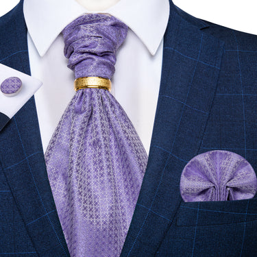 Purple Plaid Silk Cravat Woven Ascot Tie Pocket Square Cufflinks With Tie Ring Set