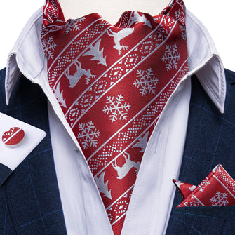 Christmas Red Solid Silver Snowflake Silk Cravat Woven Ascot Tie Pocket Square Cufflinks With Tie Ring Set