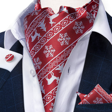 Christmas Red Solid Silver Snowflake Silk Cravat Woven Ascot Tie Pocket Square Cufflinks With Tie Ring Set