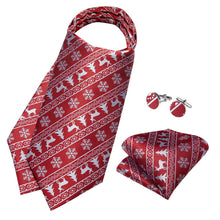 Christmas Red Solid Silver Snowflake Silk Cravat Woven Ascot Tie Pocket Square Cufflinks With Tie Ring Set