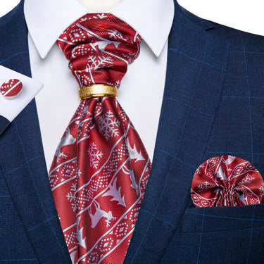 Christmas Red Silver Snowflake Elk Silk Cravat Ascot Tie Pocket Square Cufflinks With Ring Set