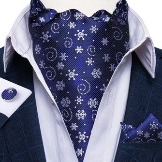 Christmas Blue Solid Silver Snowflake Silk Cravat Woven Ascot Tie Pocket Square Cufflinks With Tie Ring Set