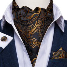 Black Golden Floral Silk Cravat Woven Ascot Tie Pocket Square Handkerchief Suit Set