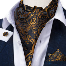 Black Golden Floral Silk Cravat Woven Ascot Tie Pocket Square Handkerchief Suit Set