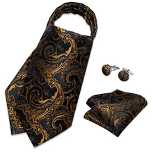 Black Golden Floral Silk Cravat Woven Ascot Tie Pocket Square Handkerchief Suit Set