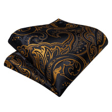 Black Golden Floral Silk Cravat Woven Ascot Tie Pocket Square Handkerchief Suit Set