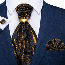 Black Golden Floral Silk Cravat Woven Ascot Tie Pocket Square Cufflinks With Tie Ring Set