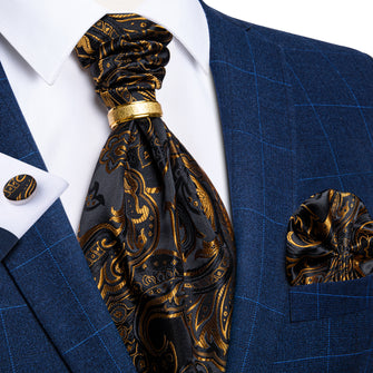 Black Golden Floral Silk Cravat Woven Ascot Tie Pocket Square Cufflinks With Tie Ring Set