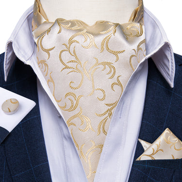 Champagne Golden Floral Silk Cravat Woven Ascot Tie Pocket Square Handkerchief Suit Set